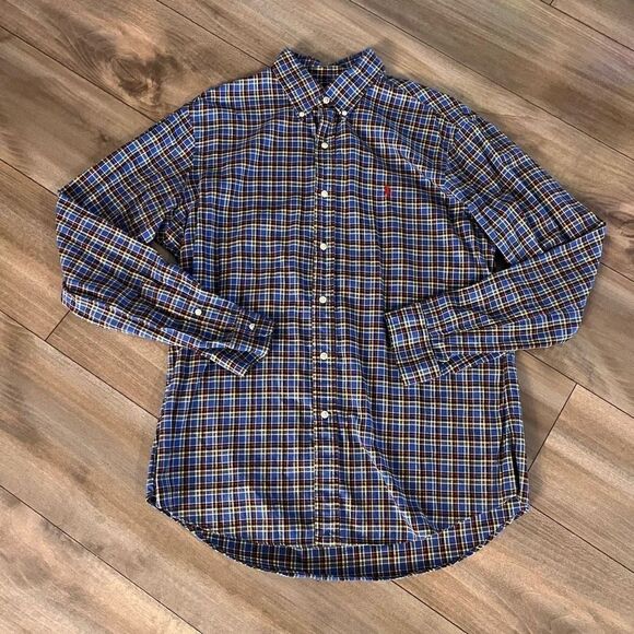 Polo Ralph Lauren Blue Plaid Buttonup Shirt Men Large‎ Bin B-32 - Picture 1 of 4